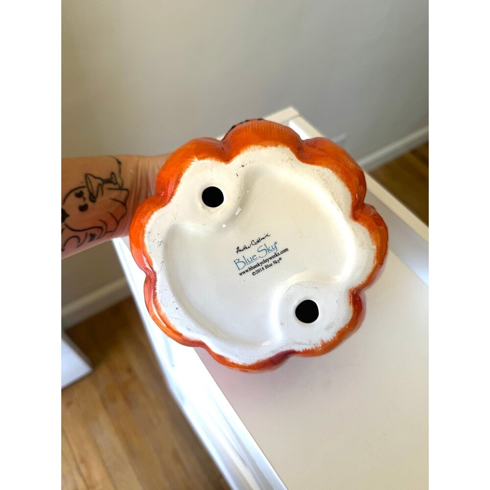 2018 Blue Sky Heather Goldminc Stitched Pumpkin Halloween Ceramic Decor Candy Co - Picture 4 of 4